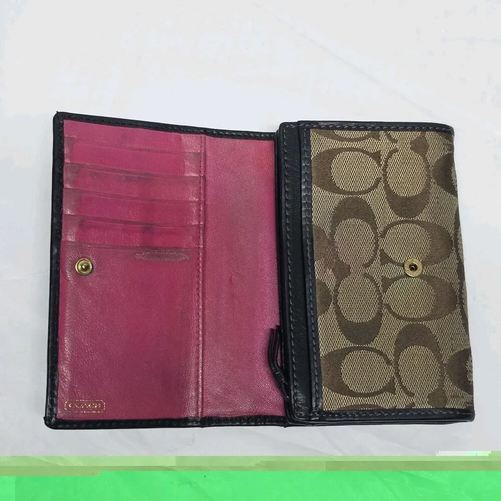 Vintage COACH Y2K Signature Brown Tan Canvas Black Leather Small Bifold Wallet